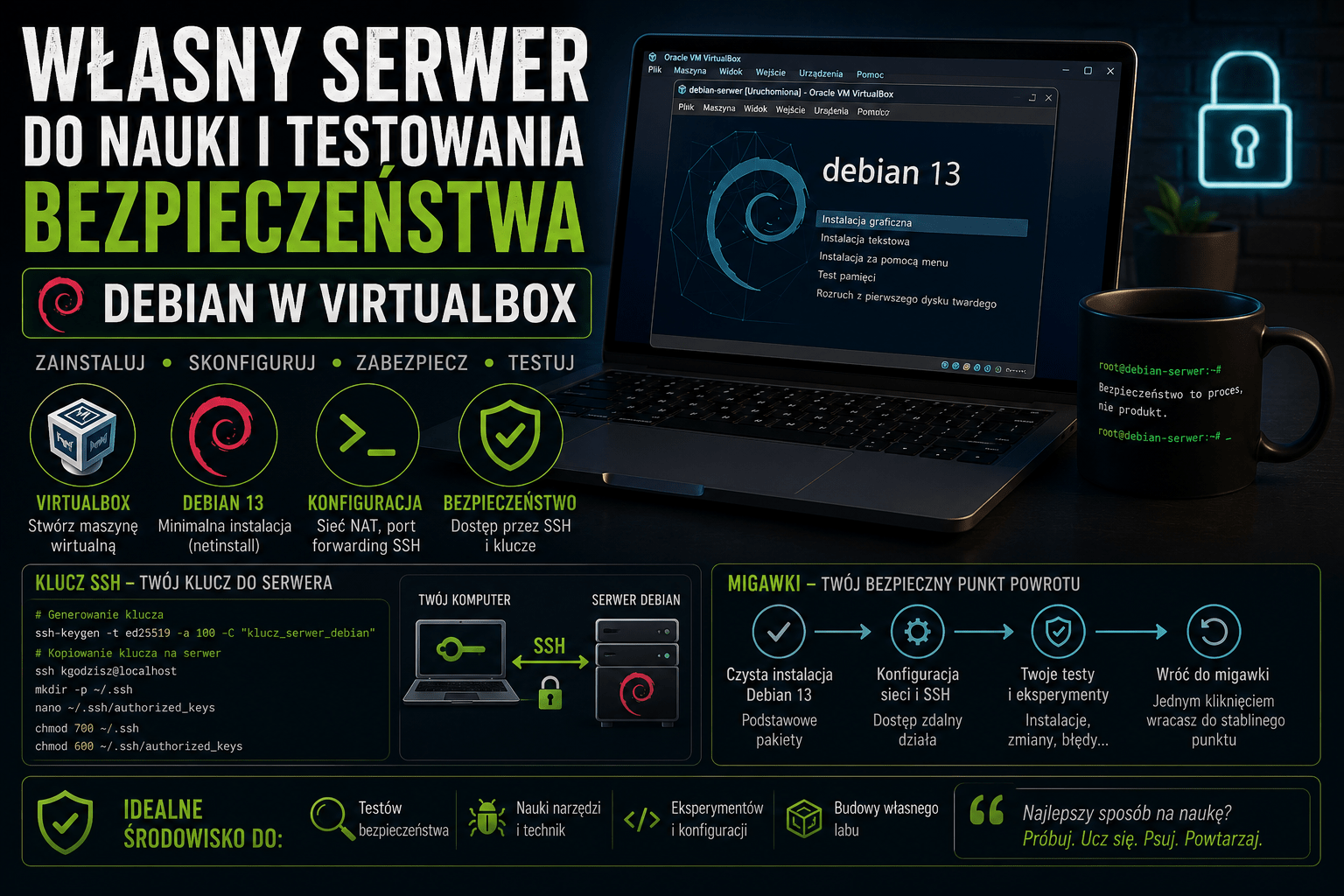 Infografika prezentująca własny serwer do nauki i testowania bezpieczeństwa. Pokazuje schemat budowy środowiska, instalację Debiana 13 w VirtualBox, konfigurację kluczy SSH oraz działanie migawek systemowych.